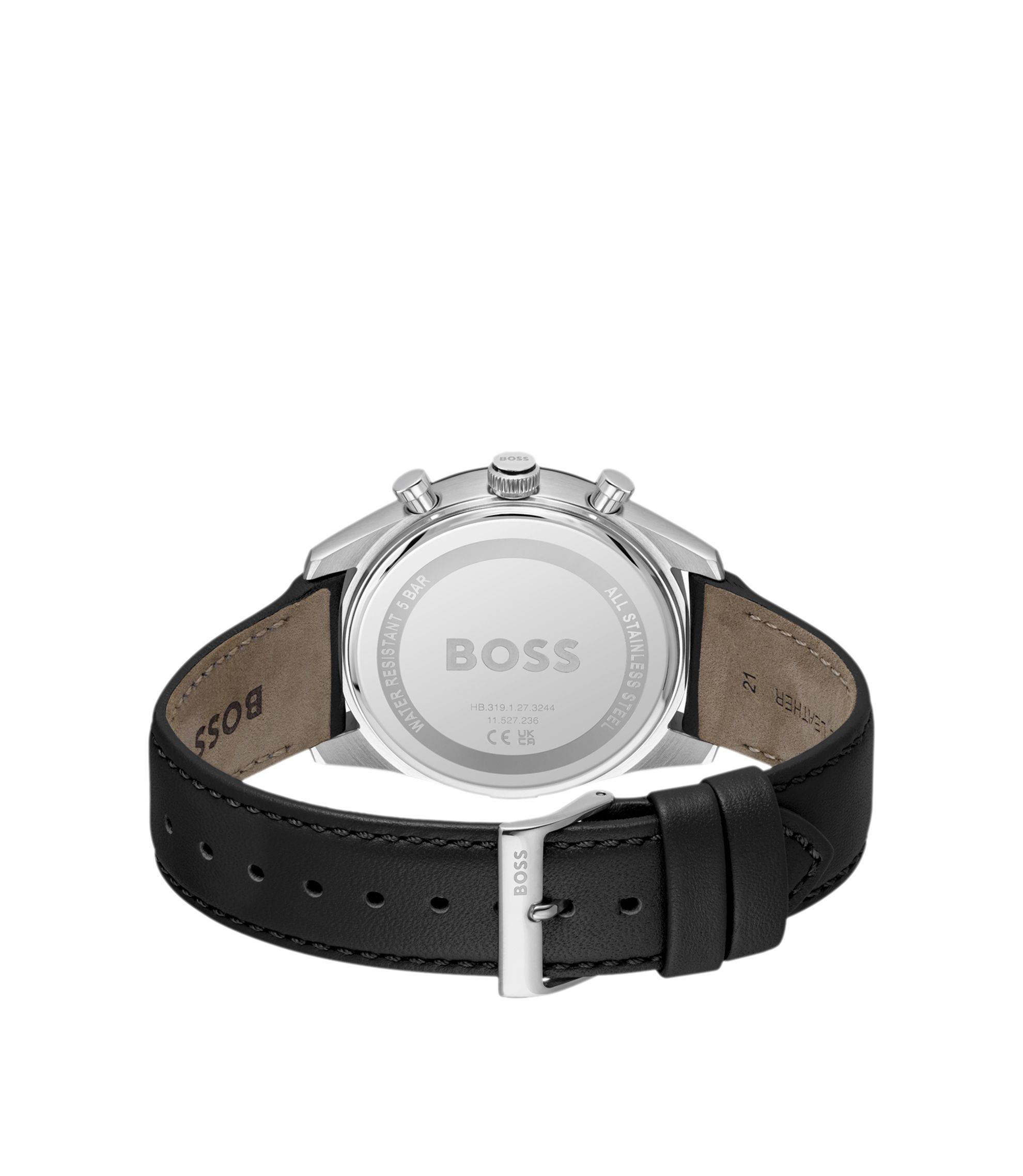BOSS - Leather-strap watch with black dial