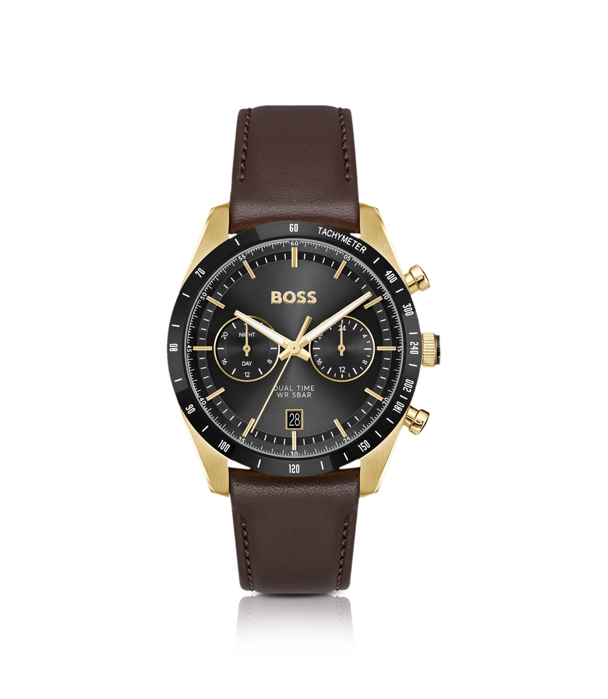 BOSS - Tourmaster gold-tone watch with brown leather strap