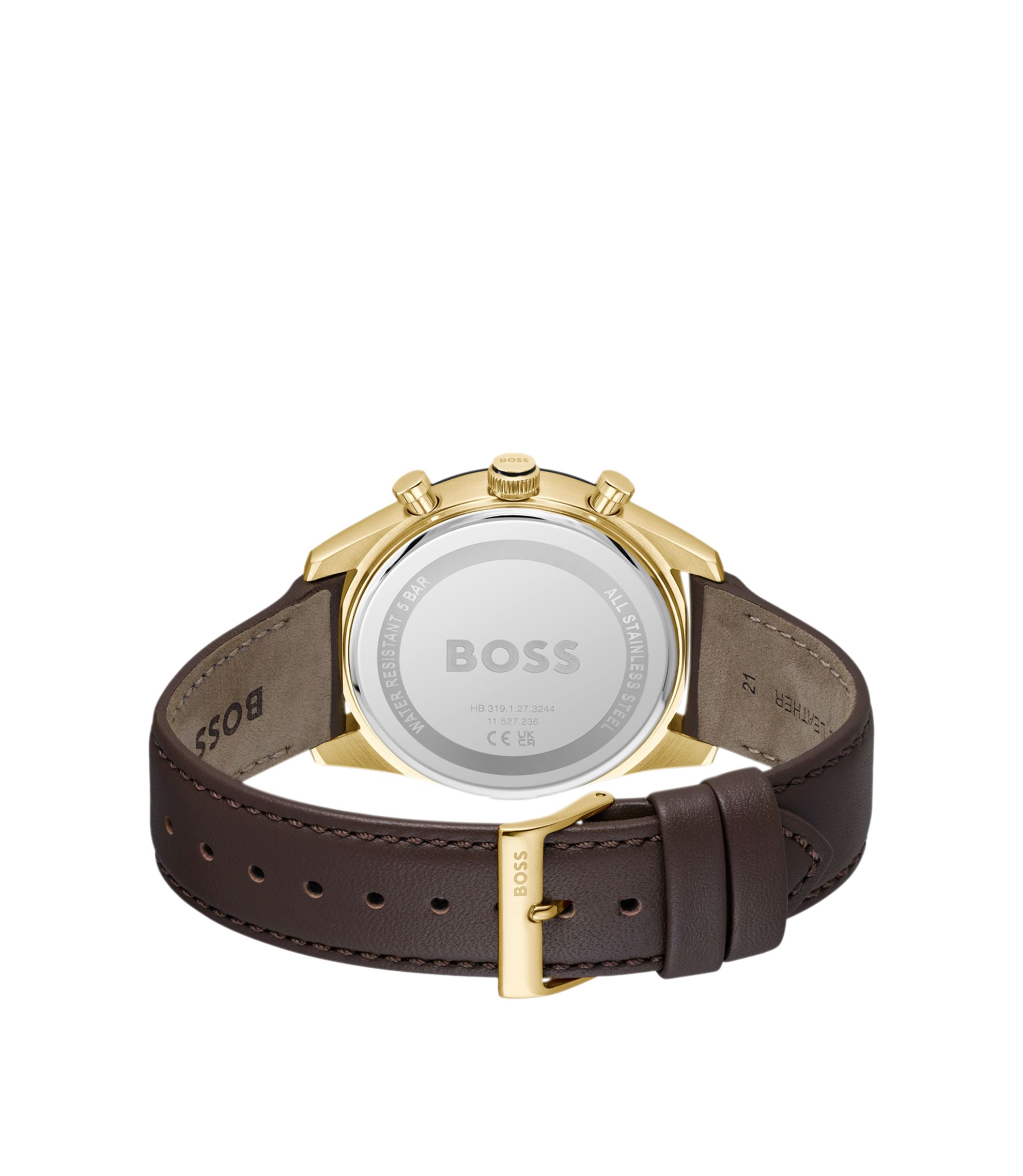 BOSS - Tourmaster gold-tone watch with brown leather strap