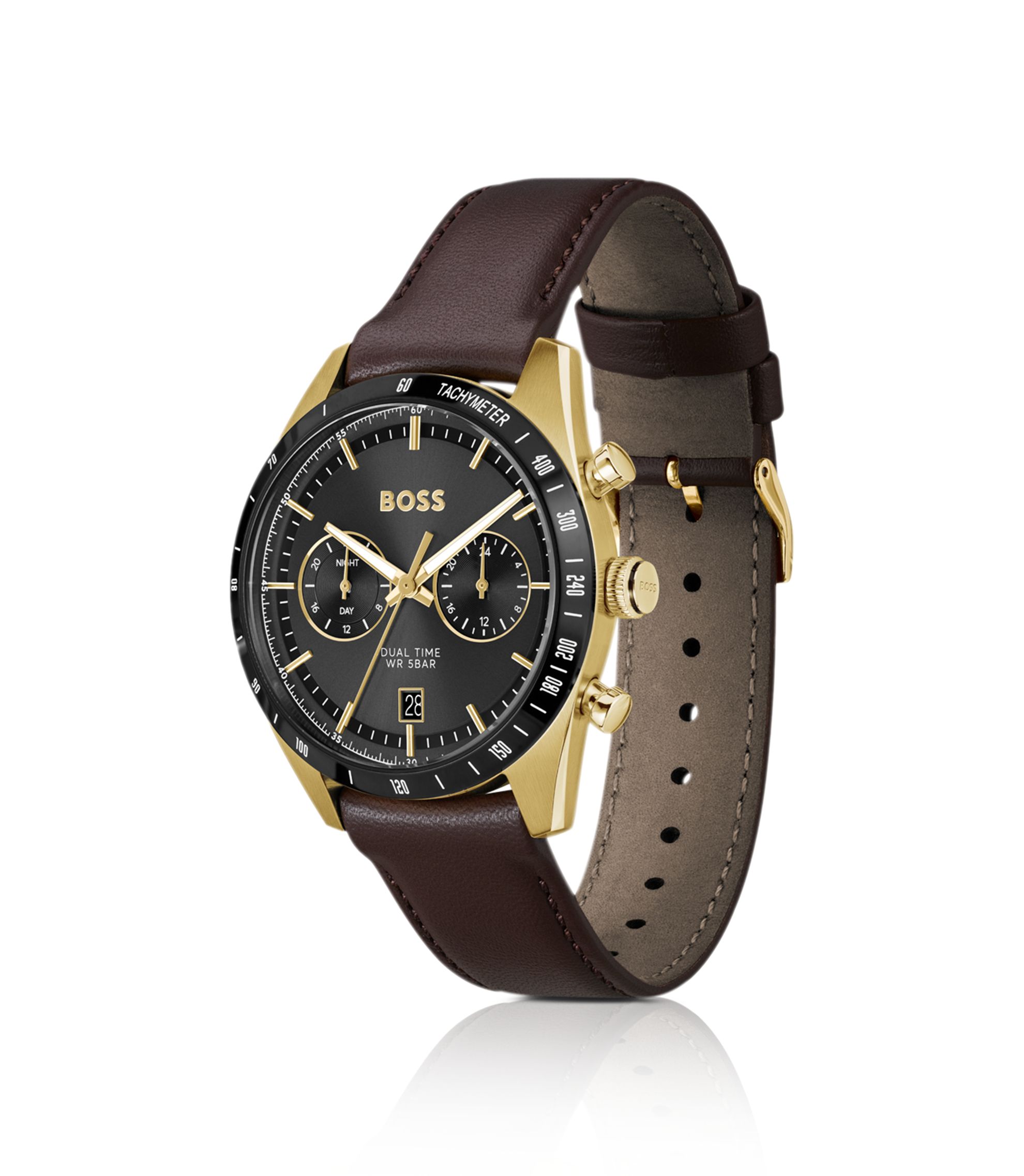 BOSS - Tourmaster gold-tone watch with brown leather strap