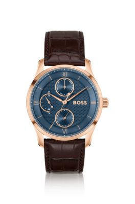 BOSS - Principle leather-strap watch with textured blue dial