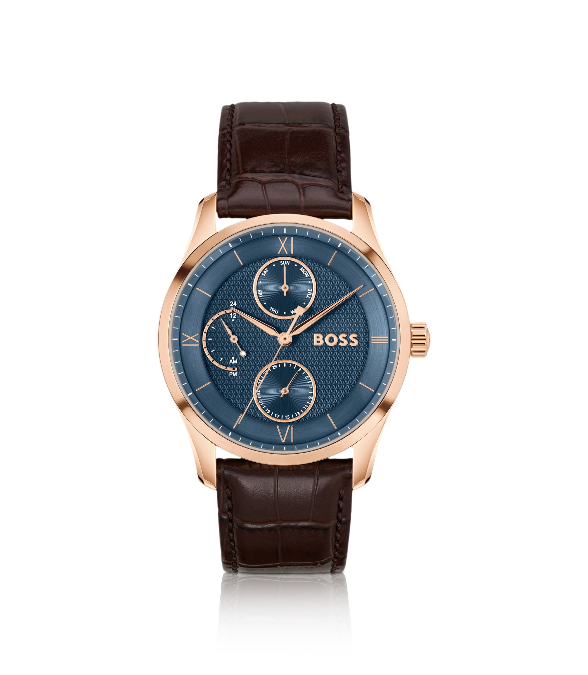 その他 w.boss BOSS - Principle leather-strap watch with textured blue dial