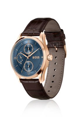 Principle leather-strap watch with textured blue dial, Assorted-Pre-Pack
