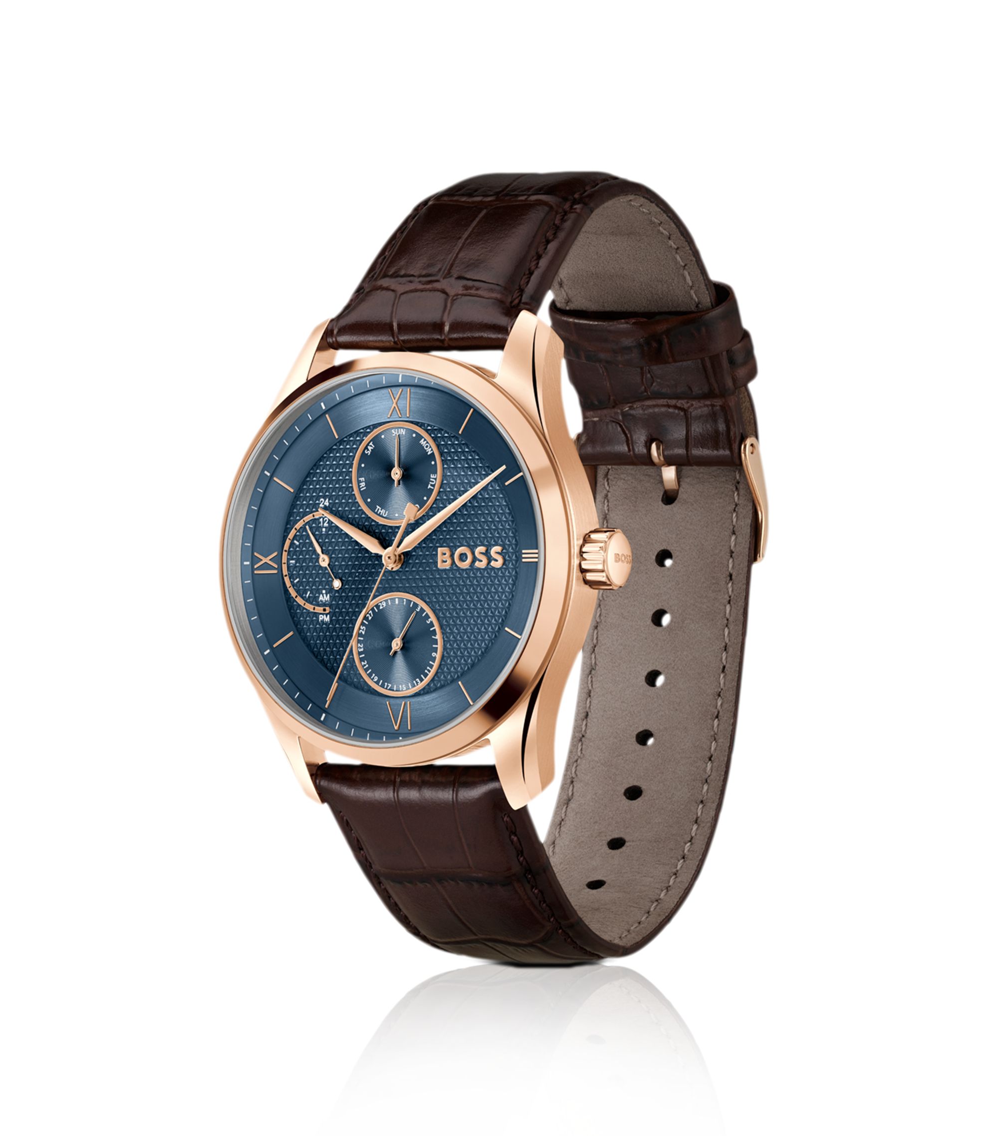 BOSS - Principle leather-strap watch with textured blue dial