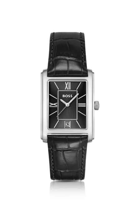 Leather-strap watch with black dial