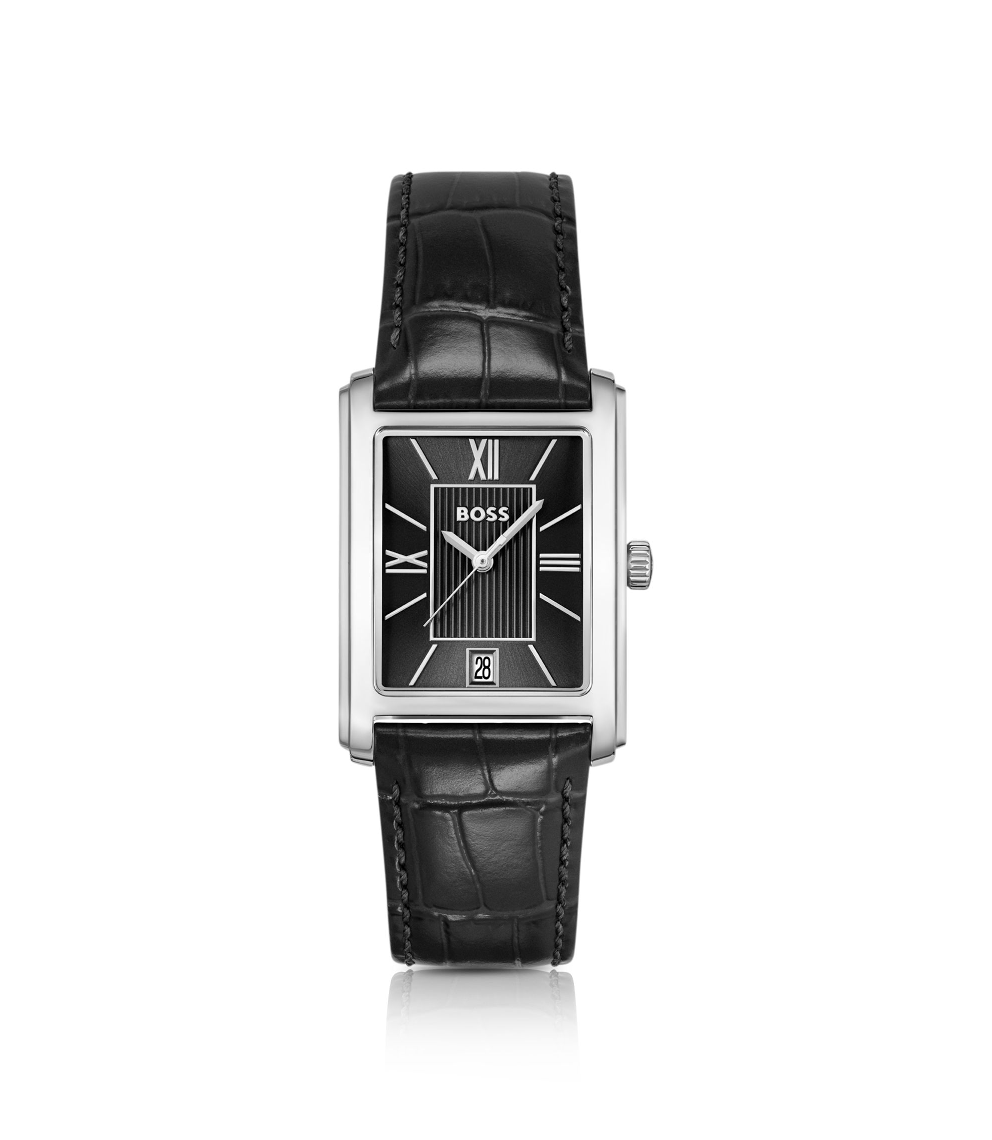 BOSS - Leather-strap watch with black dial