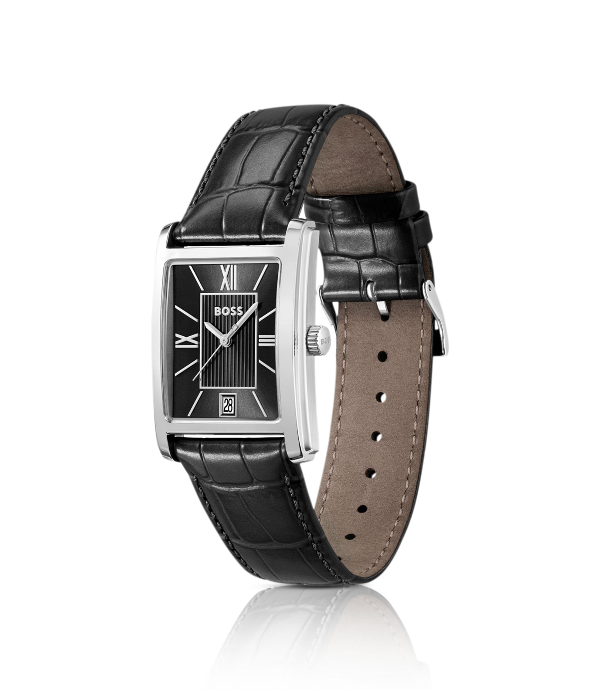 BOSS - Leather-strap watch with black dial