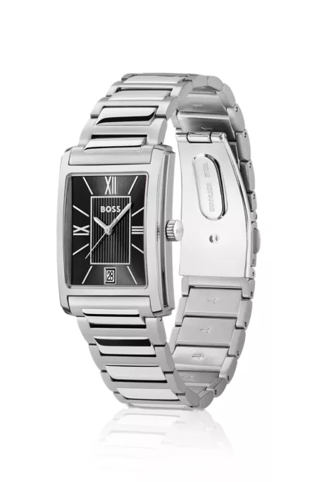 Black-dial watch with gold-effect bracelet
