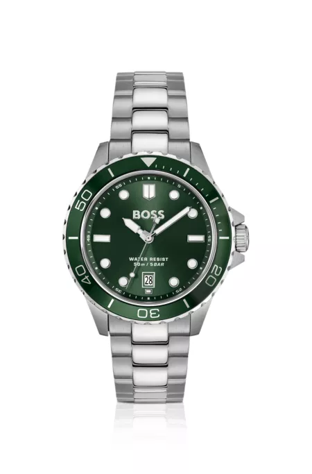 Steel-bracelet watch with green dial