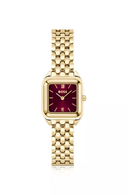 Mae burgundy-dial watch in gold-tone steel