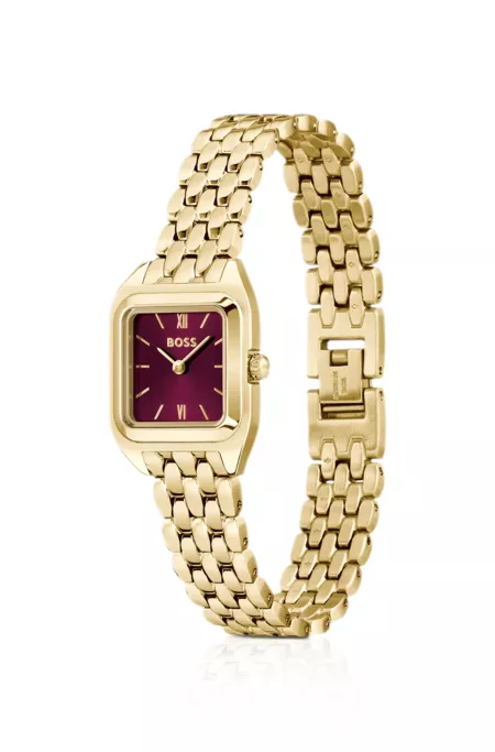 Mae burgundy-dial watch in gold-tone steel