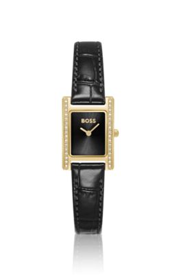 LUCY PRECIOUS Reloj de esfera negra adornada con cristales y correa de piel a juego, Assorted-Pre-Pack