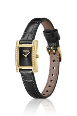 LUCY PRECIOUS Reloj de esfera negra adornada con cristales y correa de piel a juego, Assorted-Pre-Pack