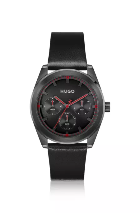 Leather-strap watch with black plating