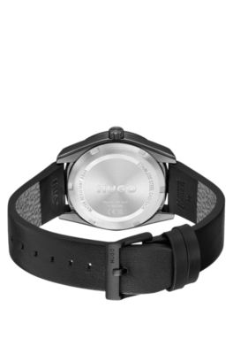 Leather-strap watch with black plating, Assorted-Pre-Pack