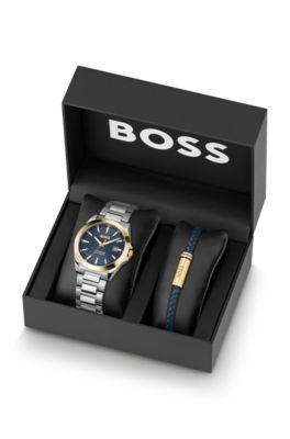 Strike blue-dial watch and leather cuff gift set, Assorted-Pre-Pack