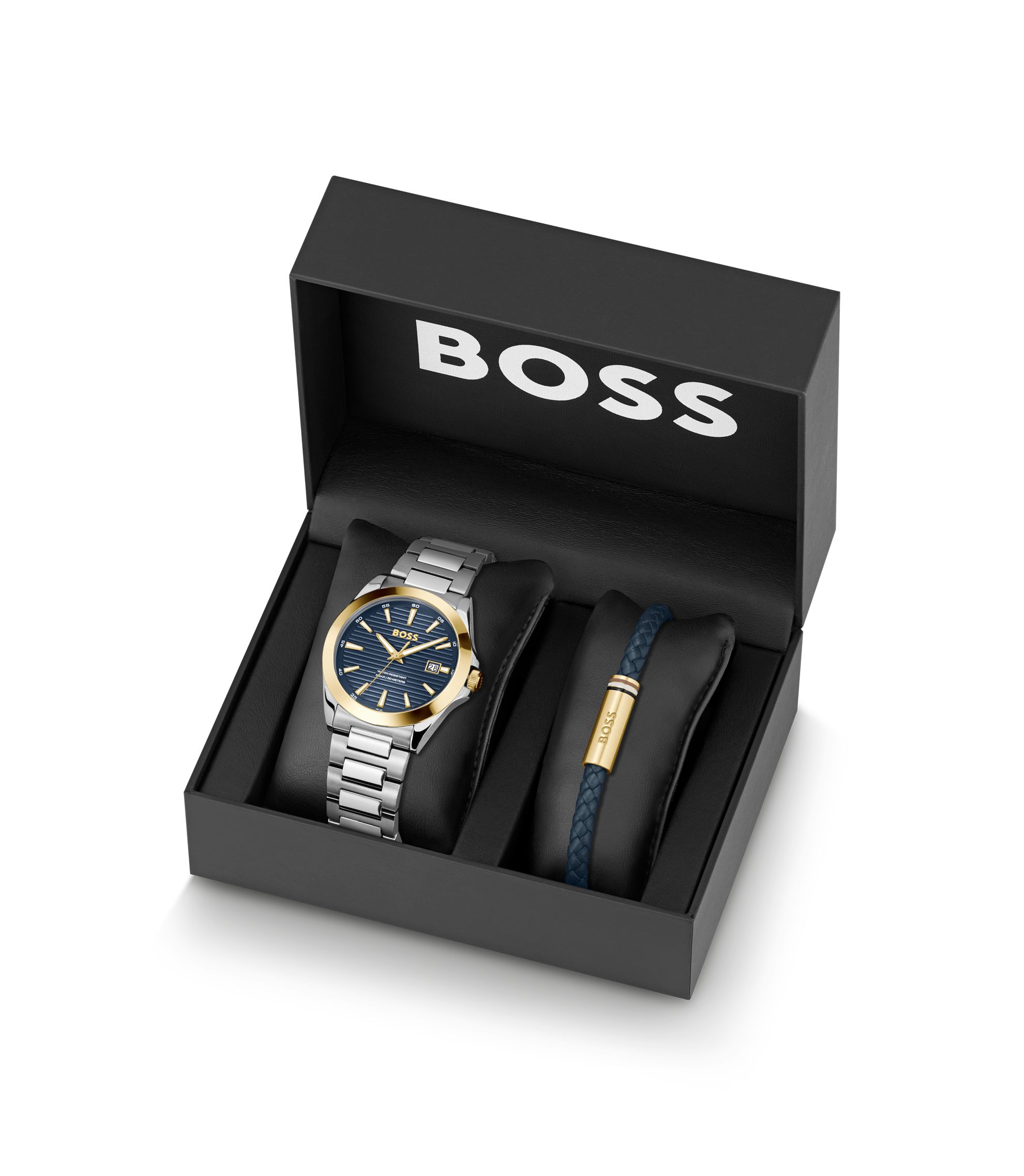 BOSS - Strike blue-dial watch and leather cuff gift set