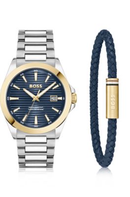 Strike blue-dial watch and leather cuff gift set, Assorted-Pre-Pack