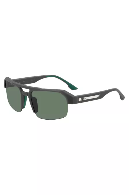 Gray sunglasses with temple insert and logo