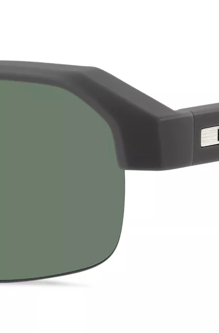 Gray sunglasses with temple insert and logo