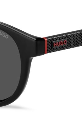 Black sunglasses with round frames and patterned temples, Assorted-Pre-Pack