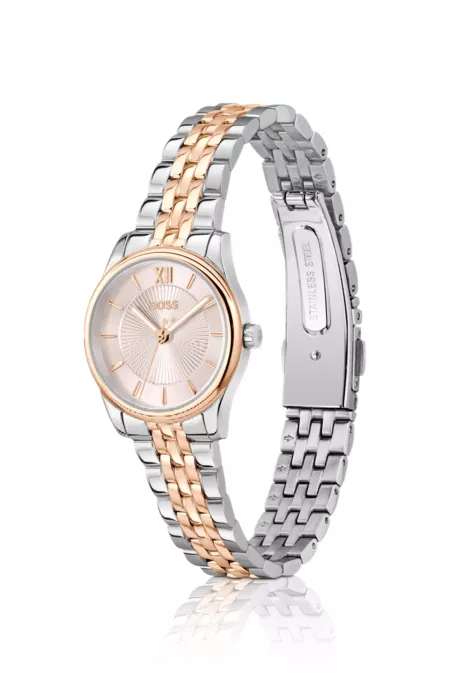 Graceful two-tone watch with pink sunburst-patterned dial