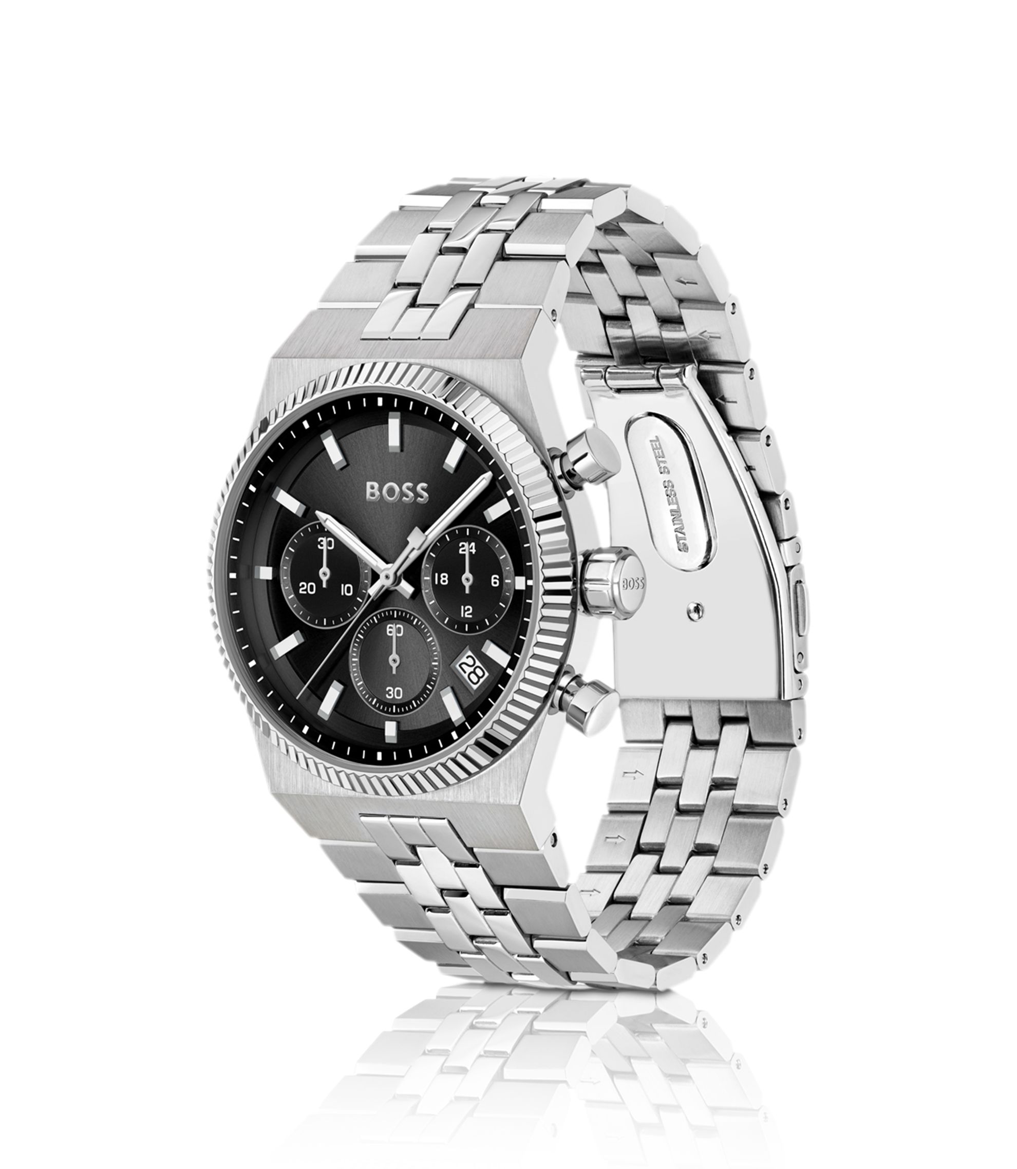BOSS - Candor black-dial chronograph watch with fluted bezel