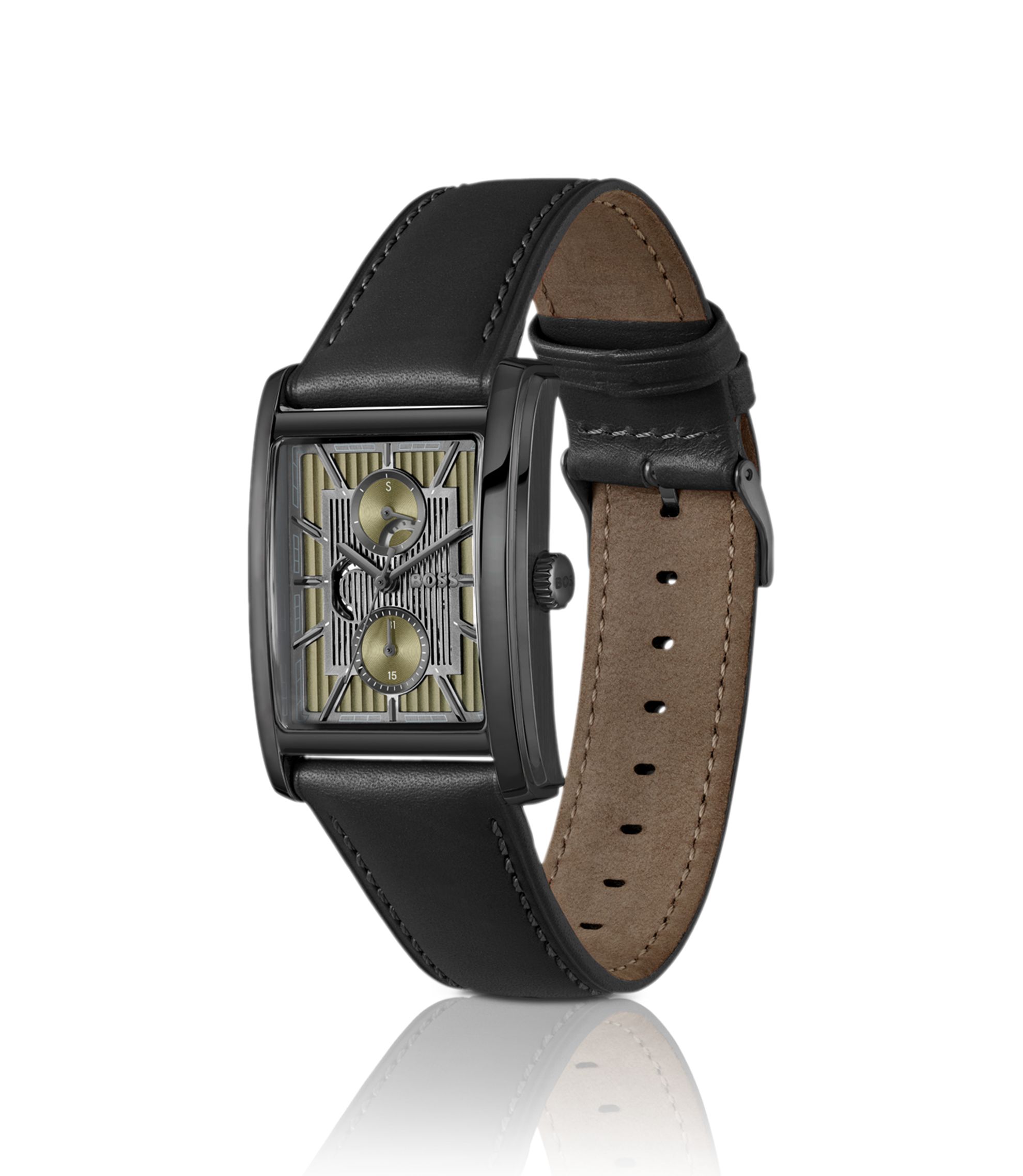 BOSS - Principle Dress olive-dial watch with leather strap