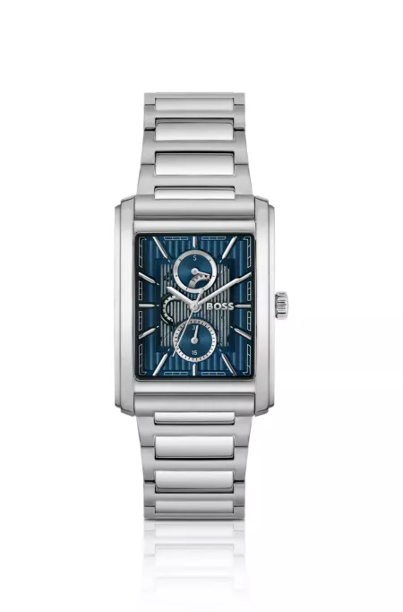 Link-bracelet watch with blue textured skeleton dial