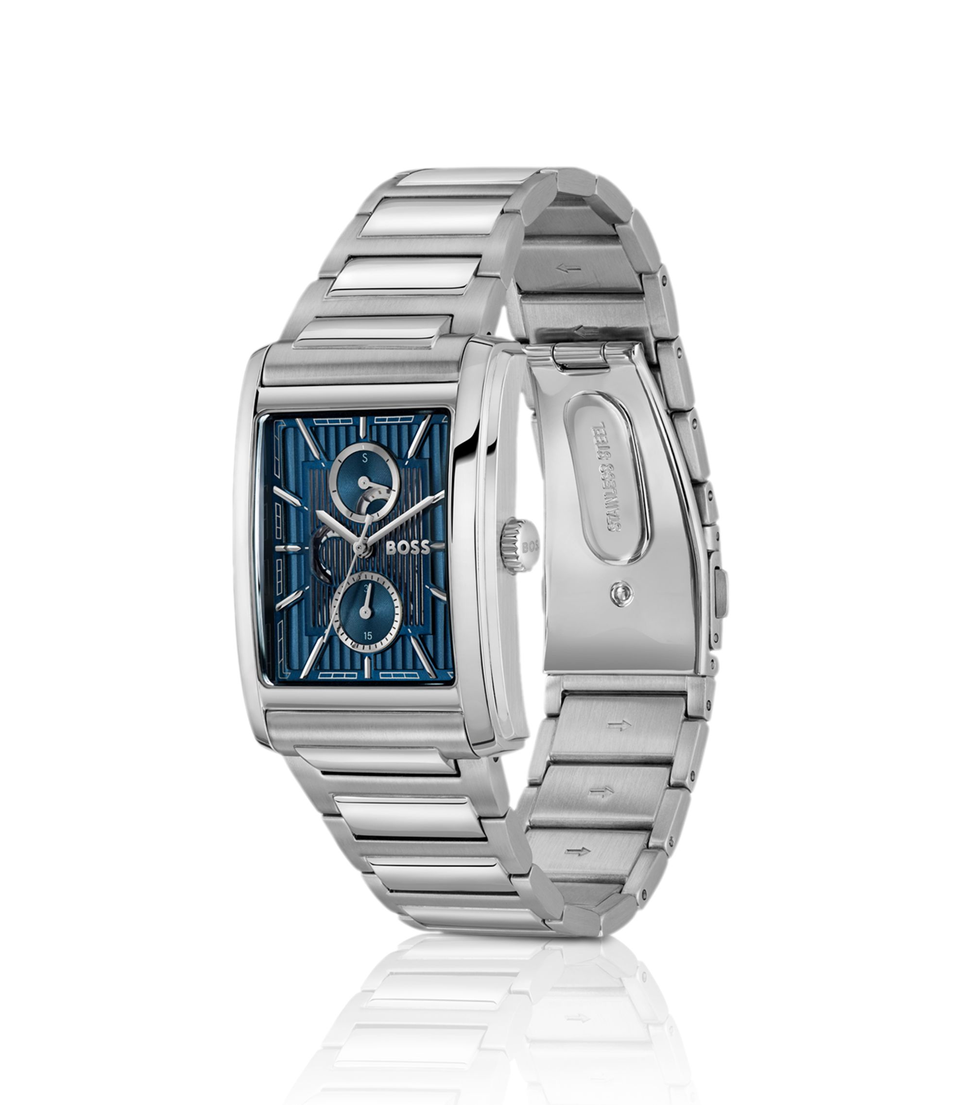 BOSS - PRINCIPLE Link-bracelet watch with blue textured skeleton dial