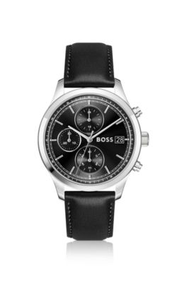 Stratus chronograph watch with black leather strap, Assorted-Pre-Pack