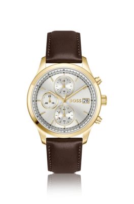 Stratus chronograph watch with brown leather strap, Assorted-Pre-Pack