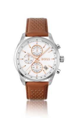Grand Prix 44 chronograph watch with perforated leather strap, Assorted-Pre-Pack