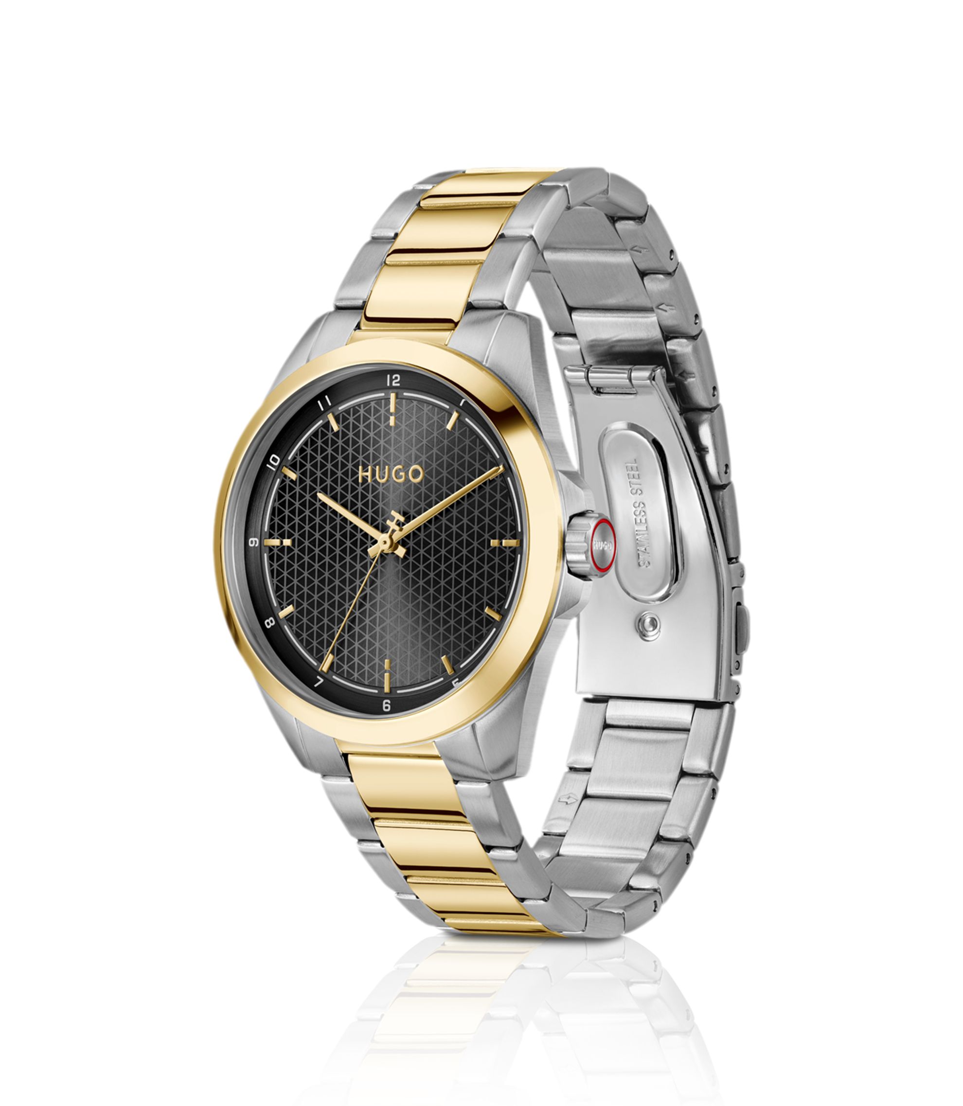 HUGO - Seam two-tone watch with black textured dial