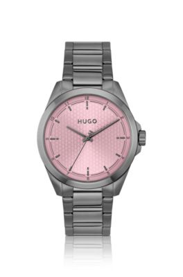 Seam gray-plated watch with pink textured dial, Assorted-Pre-Pack