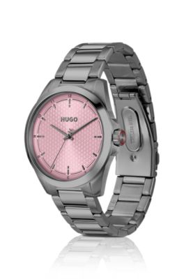Seam gray-plated watch with pink textured dial, Assorted-Pre-Pack