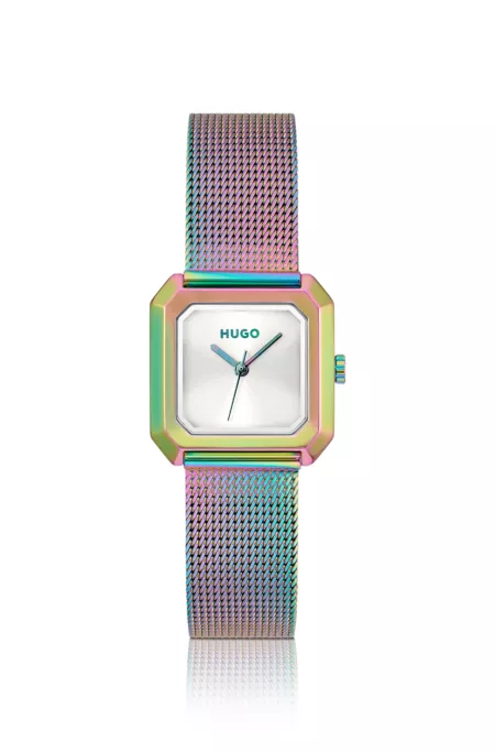 Hazel iridescent square watch with mesh bracelet