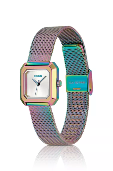 Hazel iridescent square watch with mesh bracelet