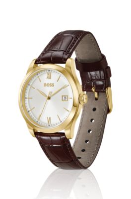 Langford Montre &agrave; cadran blanc argent&eacute; et bracelet en cuir emboss&eacute;, Assorted-Pre-Pack