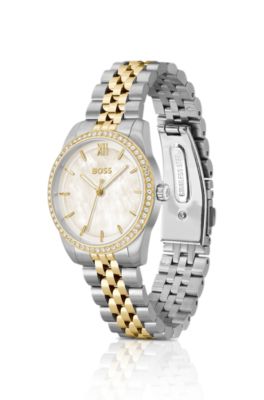 Reloj elegante en dos tonos con bisel engastado con cristales, Assorted-Pre-Pack