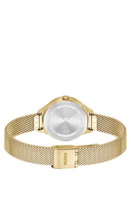 #Glossy reloj de acero en color dorado claro con acabado e indicadores de hora de cristal, Assorted-Pre-Pack