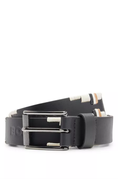 Equestrian leather belt with hand-embroidered signature stripes