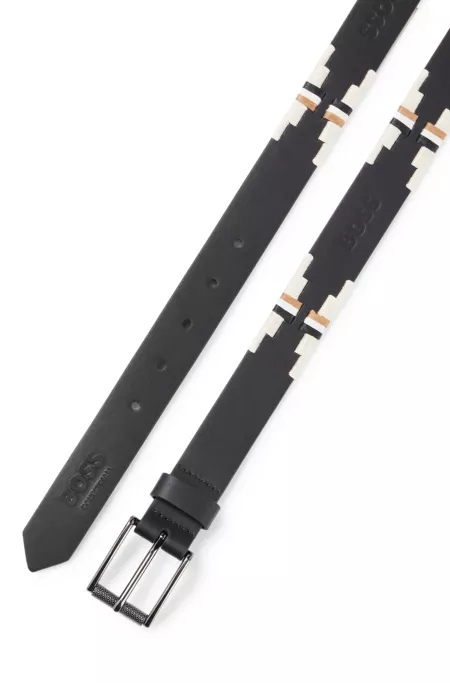 Equestrian leather belt with hand-embroidered signature stripes