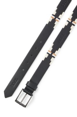 Equestrian leather belt with hand-embroidered signature stripes, Black