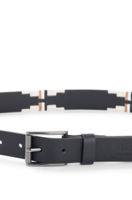 Equestrian leather belt with hand-embroidered signature stripes, Black