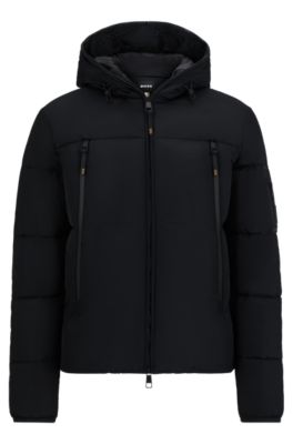 Equestrian hooded puffer jacket with fleece-lined pockets, Black