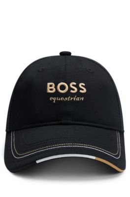Equestrian leather-strap cap with embroidered logo, Black