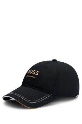 Equestrian leather-strap cap with embroidered logo, Black