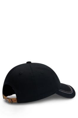 Equestrian leather-strap cap with embroidered logo, Black