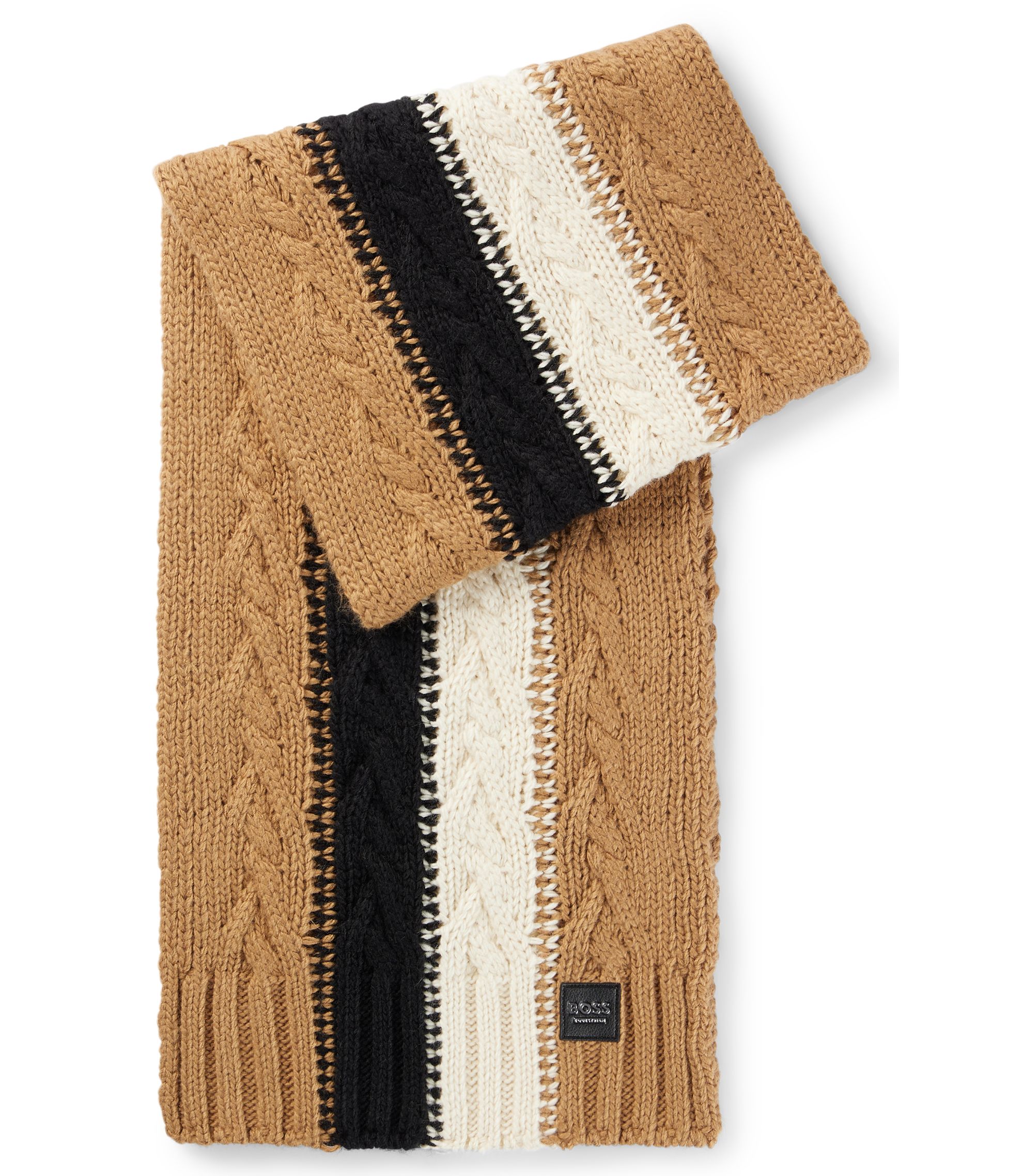 BOSS - Equestrian signature-stripe scarf with cable knit - Beige